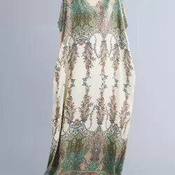 Vintage Floral Printed V-Neck Batwing Sleeves H-Line Maxi Dress