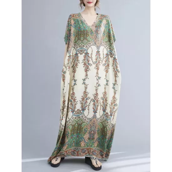 Vintage Floral Printed V-Neck Batwing Sleeves H-Line Maxi Dress Vintage Floral Printed V-Neck Batwing Sleeves H-Line Maxi Dress