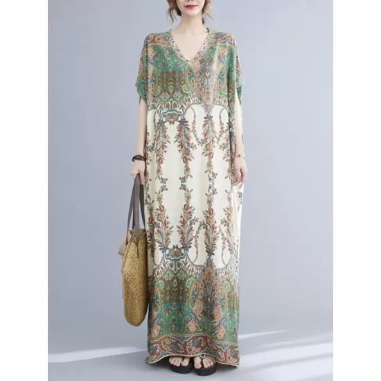 Vintage Floral Printed V-Neck Batwing Sleeves H-Line Maxi Dress Vintage Floral Printed V-Neck Batwing Sleeves H-Line Maxi Dress
