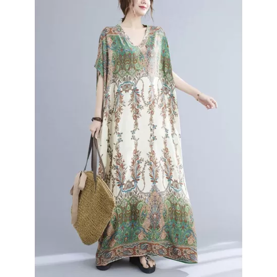 Vintage Floral Printed V-Neck Batwing Sleeves H-Line Maxi Dress Vintage Floral Printed V-Neck Batwing Sleeves H-Line Maxi Dress