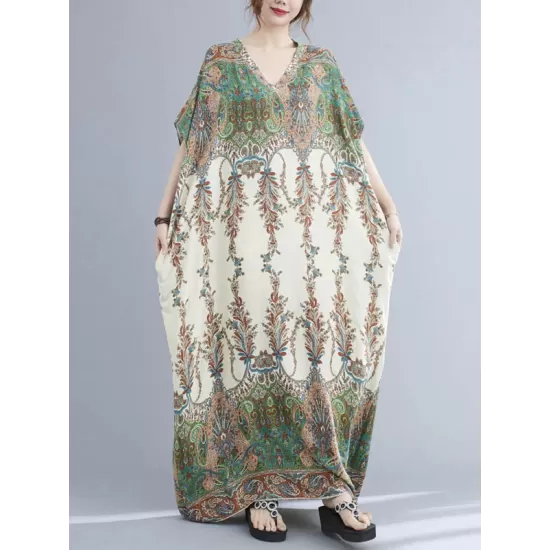 Vintage Floral Printed V-Neck Batwing Sleeves H-Line Maxi Dress Vintage Floral Printed V-Neck Batwing Sleeves H-Line Maxi Dress