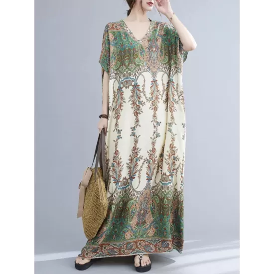 Vintage Floral Printed V-Neck Batwing Sleeves H-Line Maxi Dress Vintage Floral Printed V-Neck Batwing Sleeves H-Line Maxi Dress