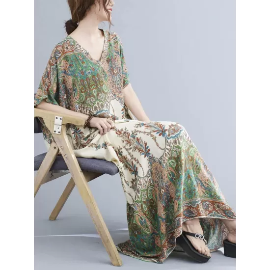 Vintage Floral Printed V-Neck Batwing Sleeves H-Line Maxi Dress Vintage Floral Printed V-Neck Batwing Sleeves H-Line Maxi Dress