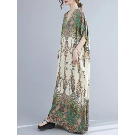 Vintage Floral Printed V-Neck Batwing Sleeves H-Line Maxi Dress Vintage Floral Printed V-Neck Batwing Sleeves H-Line Maxi Dress