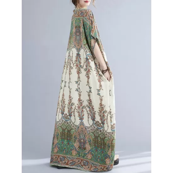 Vintage Floral Printed V-Neck Batwing Sleeves H-Line Maxi Dress Vintage Floral Printed V-Neck Batwing Sleeves H-Line Maxi Dress