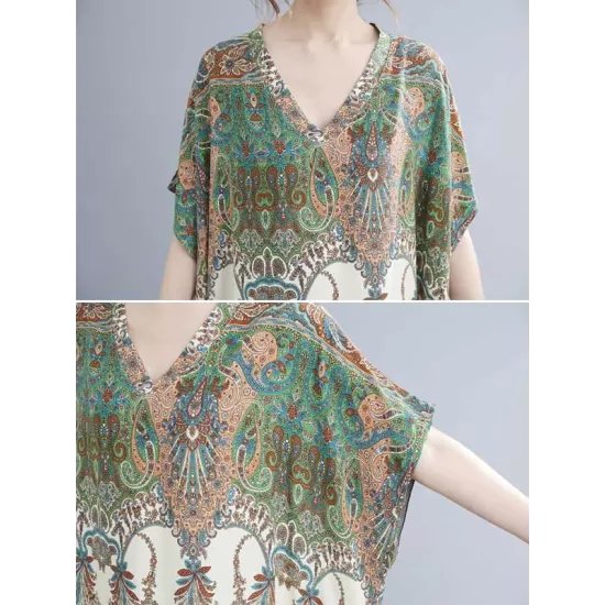 Vintage Floral Printed V-Neck Batwing Sleeves H-Line Maxi Dress Vintage Floral Printed V-Neck Batwing Sleeves H-Line Maxi Dress