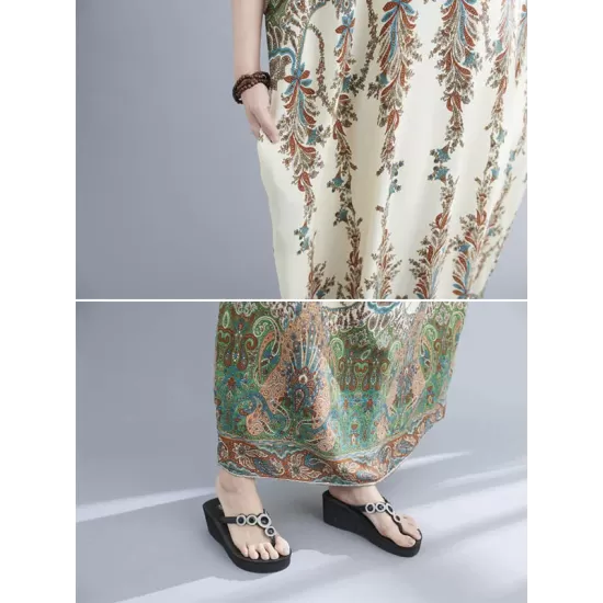 Vintage Floral Printed V-Neck Batwing Sleeves H-Line Maxi Dress Vintage Floral Printed V-Neck Batwing Sleeves H-Line Maxi Dress