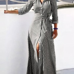 Buttoned Striped Tied Waist High Waisted Long Sleeves V-neck Shirt Dress Maxi Dresses