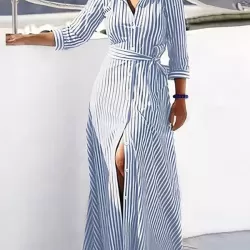 Buttoned Striped Tied Waist High Waisted Long Sleeves V-neck Shirt Dress Maxi Dresses