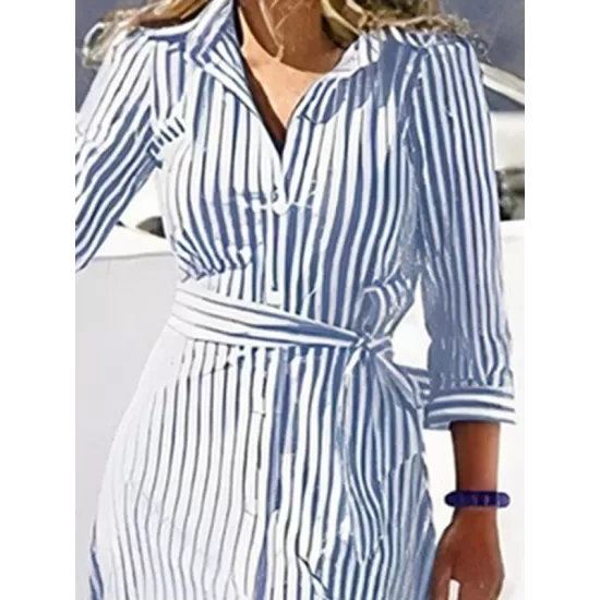 Buttoned Striped Tied Waist High Waisted Long Sleeves V-neck Shirt Dress Maxi Dresses Buttoned Striped Tied Waist High Waisted Long Sleeves V-neck Shirt Dress Maxi Dresses