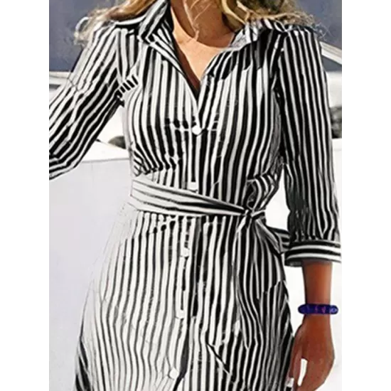 Buttoned Striped Tied Waist High Waisted Long Sleeves V-neck Shirt Dress Maxi Dresses Buttoned Striped Tied Waist High Waisted Long Sleeves V-neck Shirt Dress Maxi Dresses