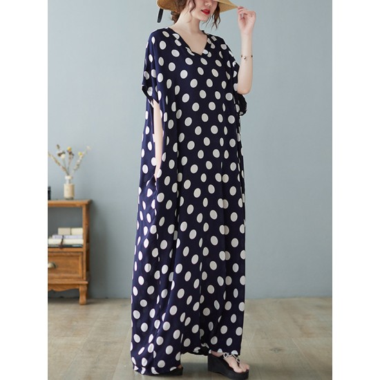 Urban Loose Batwing Sleeves Polka-Dot Printed A-Line Maxi Dress Urban Loose Batwing Sleeves Polka-Dot Printed A-Line Maxi Dress