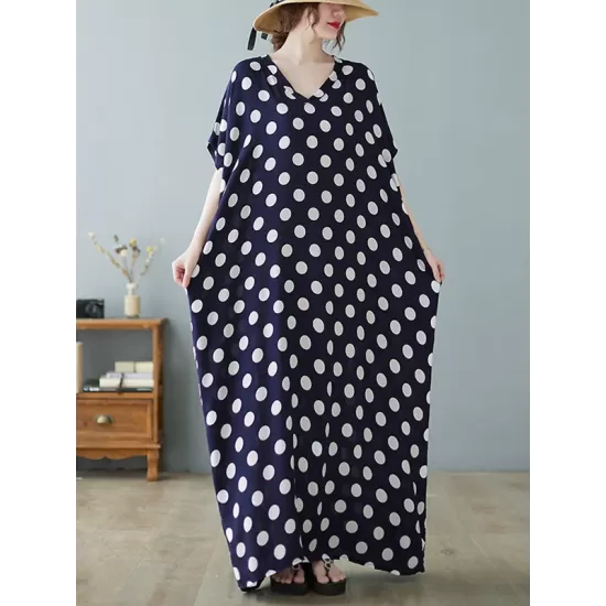 Urban Loose Batwing Sleeves Polka-Dot Printed A-Line Maxi Dress Urban Loose Batwing Sleeves Polka-Dot Printed A-Line Maxi Dress