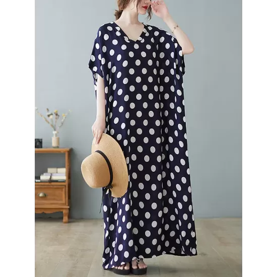 Urban Loose Batwing Sleeves Polka-Dot Printed A-Line Maxi Dress Urban Loose Batwing Sleeves Polka-Dot Printed A-Line Maxi Dress