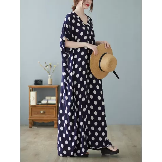 Urban Loose Batwing Sleeves Polka-Dot Printed A-Line Maxi Dress Urban Loose Batwing Sleeves Polka-Dot Printed A-Line Maxi Dress