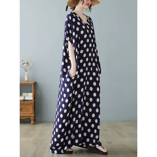 Urban Loose Batwing Sleeves Polka-Dot Printed A-Line Maxi Dress Urban Loose Batwing Sleeves Polka-Dot Printed A-Line Maxi Dress