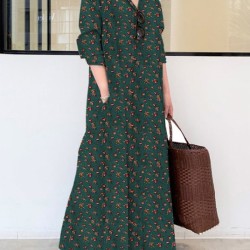 Vintage Printed Lapel Long Sleeve Shirt Maxi Dress