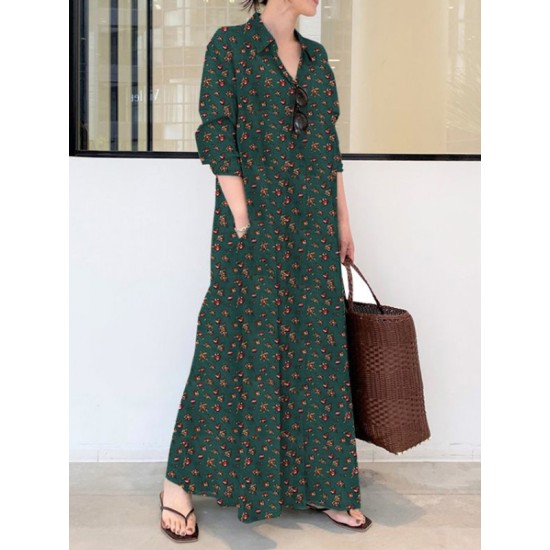 Vintage Printed Lapel Long Sleeve Shirt Maxi Dress Vintage Printed Lapel Long Sleeve Shirt Maxi Dress