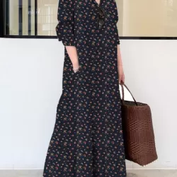 Vintage Printed Lapel Long Sleeve Shirt Maxi Dress