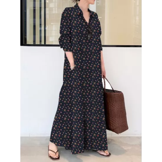 Vintage Printed Lapel Long Sleeve Shirt Maxi Dress Vintage Printed Lapel Long Sleeve Shirt Maxi Dress