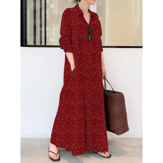 Vintage Printed Lapel Long Sleeve Shirt Maxi Dress Vintage Printed Lapel Long Sleeve Shirt Maxi Dress