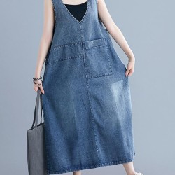 Loose Sleeveless Denim V-Neck Midi Dress