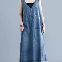 Loose Sleeveless Denim V-Neck Midi Dress