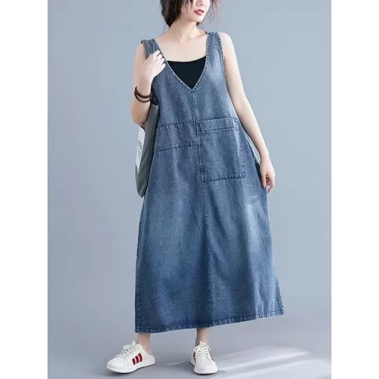 Loose Sleeveless Denim V-Neck Midi Dress Loose Sleeveless Denim V-Neck Midi Dress