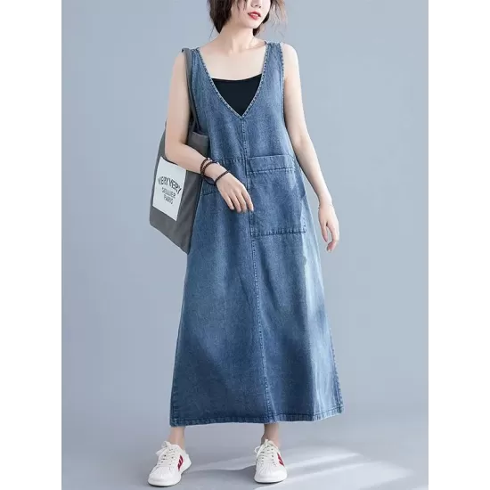 Loose Sleeveless Denim V-Neck Midi Dress Loose Sleeveless Denim V-Neck Midi Dress