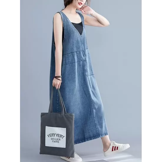 Loose Sleeveless Denim V-Neck Midi Dress Loose Sleeveless Denim V-Neck Midi Dress