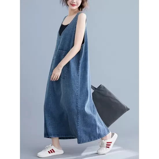 Loose Sleeveless Denim V-Neck Midi Dress Loose Sleeveless Denim V-Neck Midi Dress