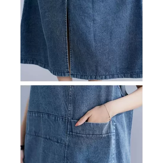 Loose Sleeveless Denim V-Neck Midi Dress Loose Sleeveless Denim V-Neck Midi Dress