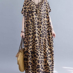 Loose Leopard V-Neck Batwing Sleeves Maxi Dress