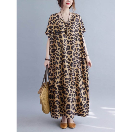 Loose Leopard V-Neck Batwing Sleeves Maxi Dress Loose Leopard V-Neck Batwing Sleeves Maxi Dress