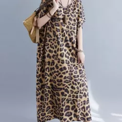 Loose Leopard V-Neck Batwing Sleeves Maxi Dress