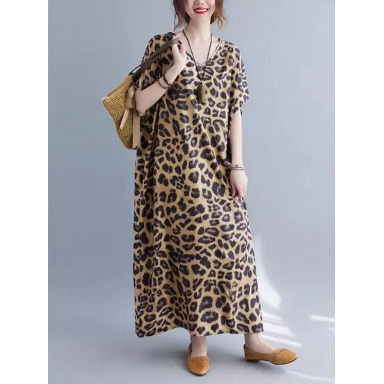 Loose Leopard V-Neck Batwing Sleeves Maxi Dress Loose Leopard V-Neck Batwing Sleeves Maxi Dress