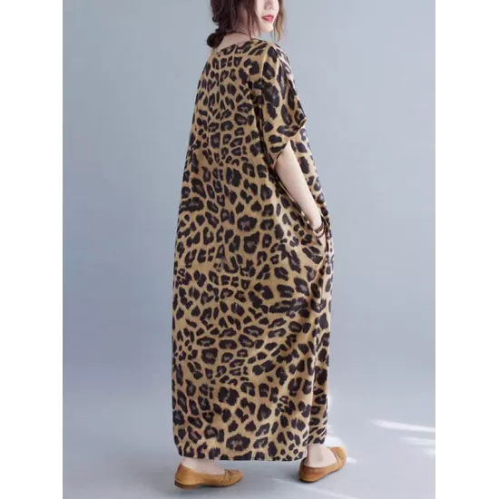 Loose Leopard V-Neck Batwing Sleeves Maxi Dress Loose Leopard V-Neck Batwing Sleeves Maxi Dress