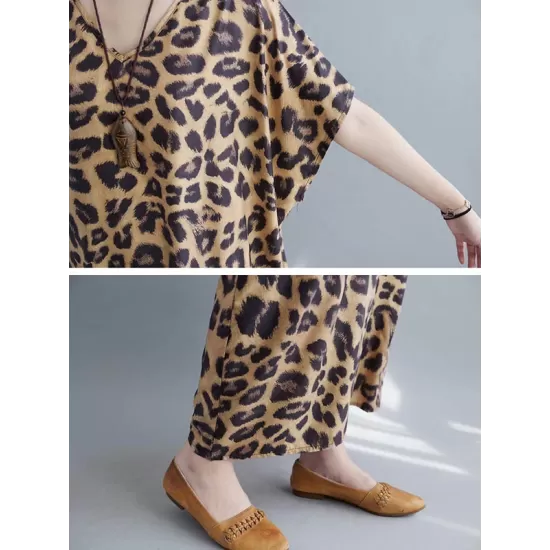 Loose Leopard V-Neck Batwing Sleeves Maxi Dress Loose Leopard V-Neck Batwing Sleeves Maxi Dress