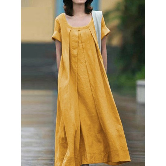 Simple Solid Color U-Neck Pleated Short Sleeves Maxi Dress Simple Solid Color U-Neck Pleated Short Sleeves Maxi Dress