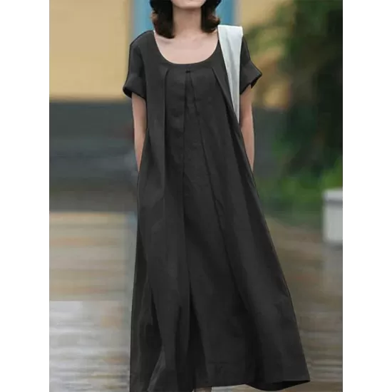 Simple Solid Color U-Neck Pleated Short Sleeves Maxi Dress Simple Solid Color U-Neck Pleated Short Sleeves Maxi Dress