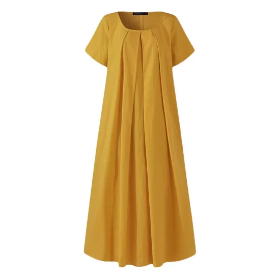 Simple Solid Color U-Neck Pleated Short Sleeves Maxi Dress Simple Solid Color U-Neck Pleated Short Sleeves Maxi Dress
