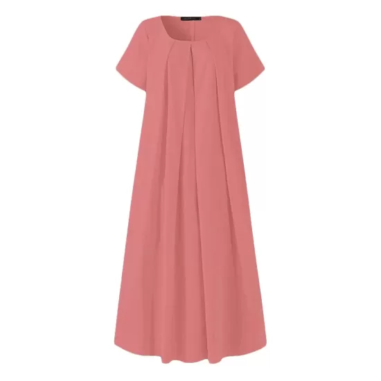 Simple Solid Color U-Neck Pleated Short Sleeves Maxi Dress Simple Solid Color U-Neck Pleated Short Sleeves Maxi Dress