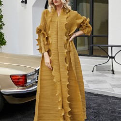 Original Loose Long Sleeves Tied Pleated Falbala Solid Color V-Neck Maxi Dresses