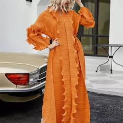 Original Loose Long Sleeves Tied Pleated Falbala Solid Color V-Neck Maxi Dresses