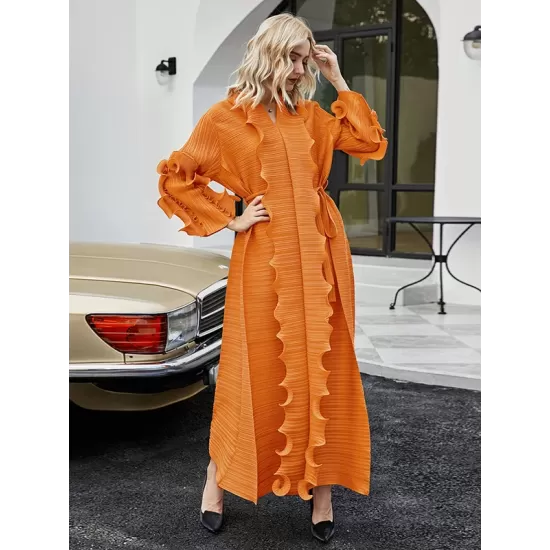 Original Loose Long Sleeves Tied Pleated Falbala Solid Color V-Neck Maxi Dresses Original Loose Long Sleeves Tied Pleated Falbala Solid Color V-Neck Maxi Dresses