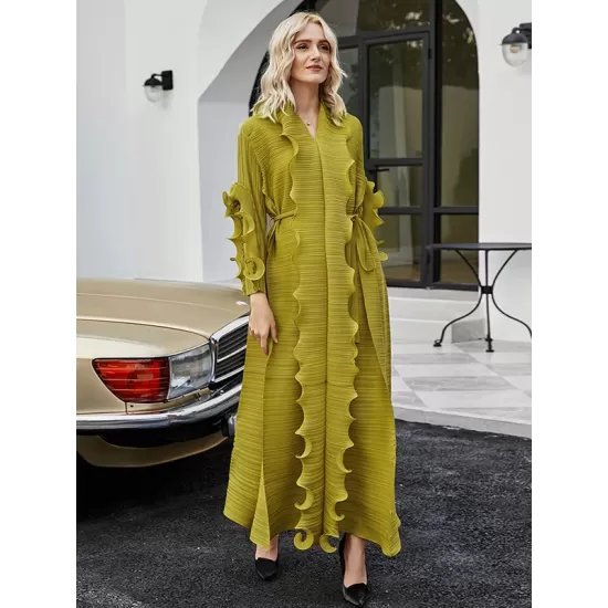 Original Loose Long Sleeves Tied Pleated Falbala Solid Color V-Neck Maxi Dresses Original Loose Long Sleeves Tied Pleated Falbala Solid Color V-Neck Maxi Dresses