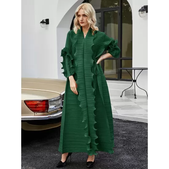 Original Loose Long Sleeves Tied Pleated Falbala Solid Color V-Neck Maxi Dresses Original Loose Long Sleeves Tied Pleated Falbala Solid Color V-Neck Maxi Dresses