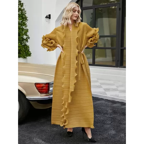 Original Loose Long Sleeves Tied Pleated Falbala Solid Color V-Neck Maxi Dresses Original Loose Long Sleeves Tied Pleated Falbala Solid Color V-Neck Maxi Dresses