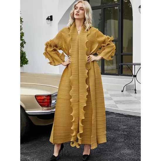 Original Loose Long Sleeves Tied Pleated Falbala Solid Color V-Neck Maxi Dresses Original Loose Long Sleeves Tied Pleated Falbala Solid Color V-Neck Maxi Dresses