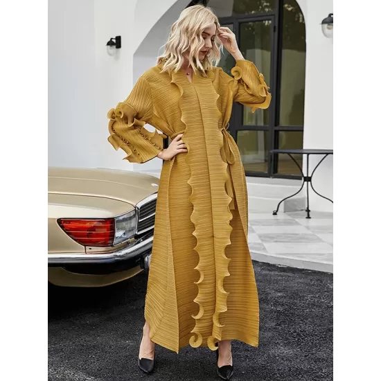 Original Loose Long Sleeves Tied Pleated Falbala Solid Color V-Neck Maxi Dresses Original Loose Long Sleeves Tied Pleated Falbala Solid Color V-Neck Maxi Dresses